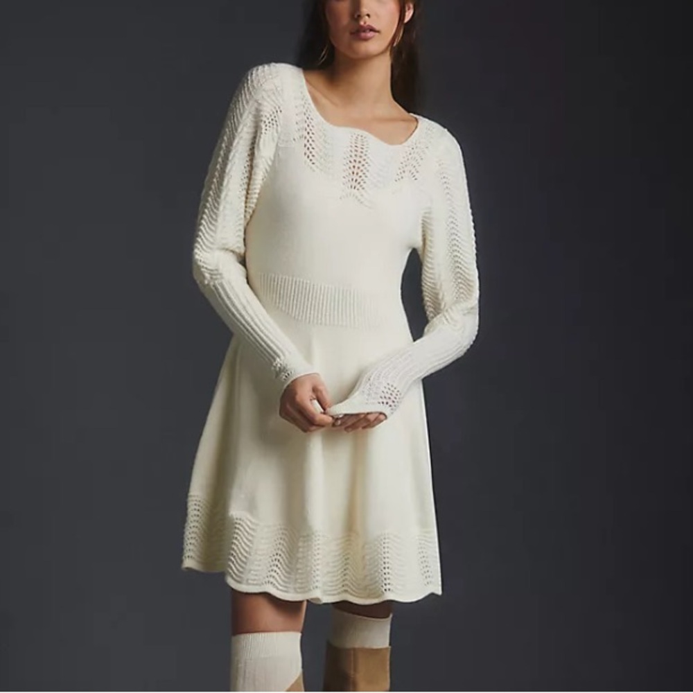 Anthropologie Cream Long-Sleeve Knit A-Line Dress